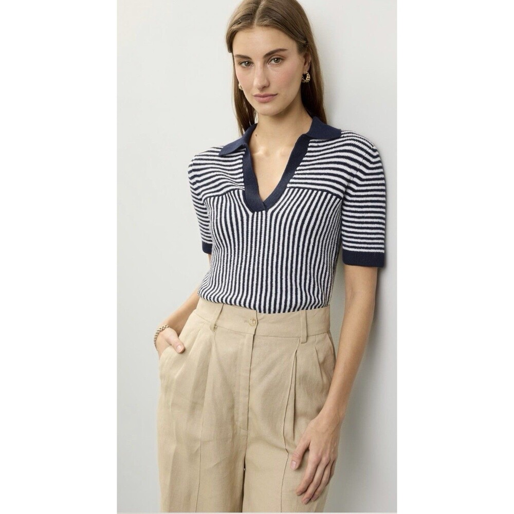 REISS Women’s XL Linen Blend Striped Knit Polo Top Navy Ivory Short Sleeve